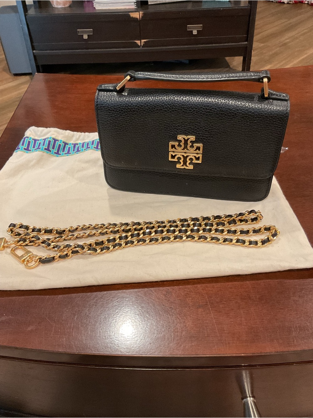 Tory Burch Black Pebbled Leather Top-Handle Shoulder Bag with Gold Logo